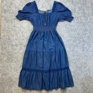 Indigo & Lace Denim Tiered Midi Dress Womens Size M Blue Excellent Puff Sleeve